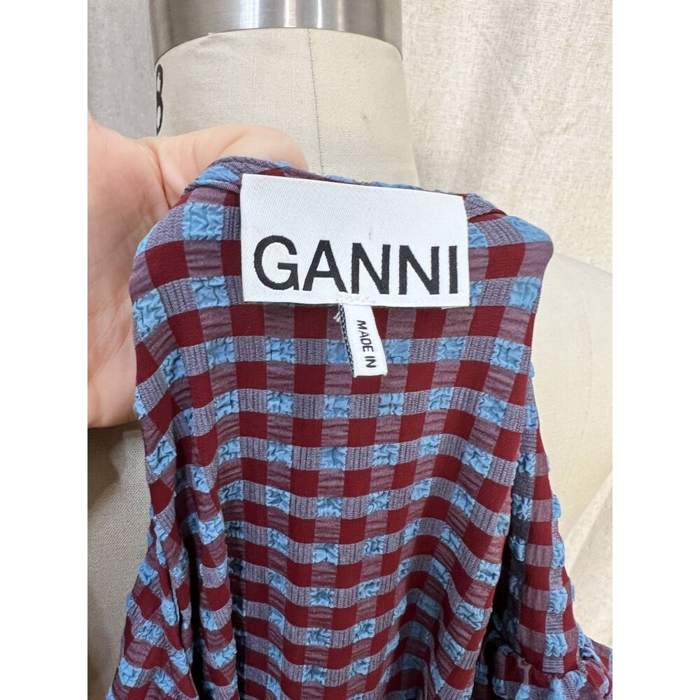 GANNI Blouse Seersucker V Neck Puff Sleeve in Blue Red Check Sz 46 XXL 16 - Picture 11 of 12